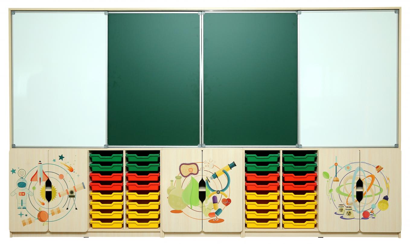 Дошка аудиторна комбінована з 4-ма робочими поверхнями (900х1244 мм), під крейду та маркер, АЛМАНТ, 3600х460х2115 мм.